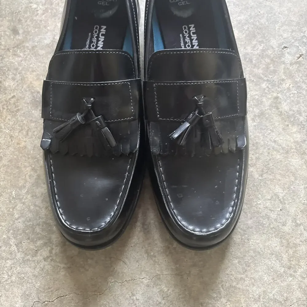 Nunn Bush Shoes Mens Slip-ons Loafers Black Leather Size 13M Comfort Gel Tassels